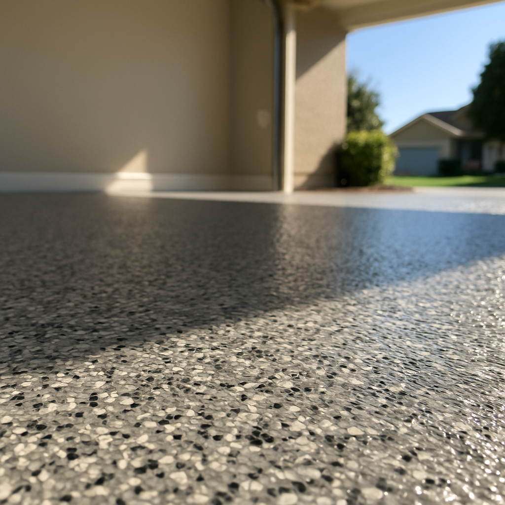 Chip flake epoxy garage floor on a sunny day-1